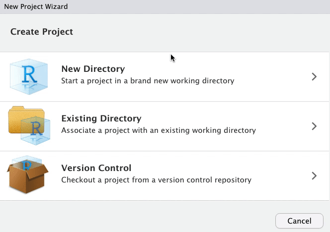A gif of using the RStudio IDE to create a new blank package.